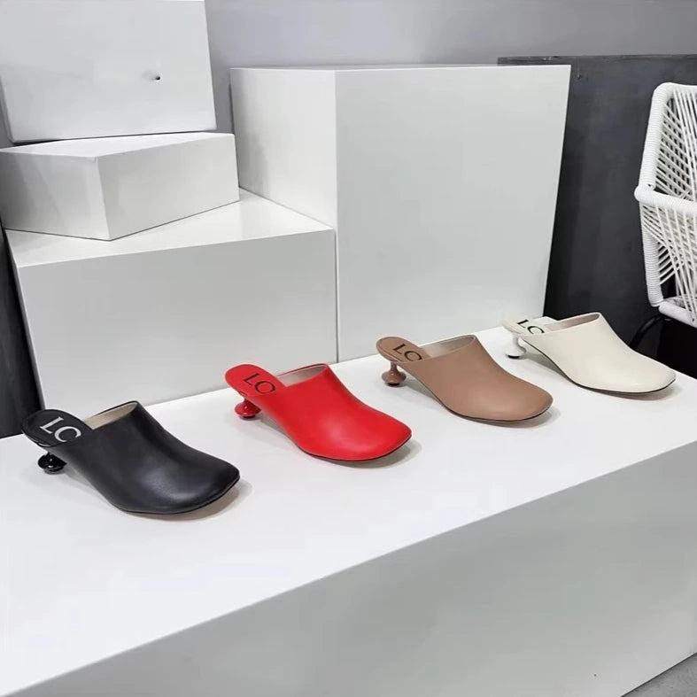 Square Toe Elegant Women Slippers Fad Mid Heels Leather Sandals Mule Shoes Trend Spring Designer Dress Femme Chaussures