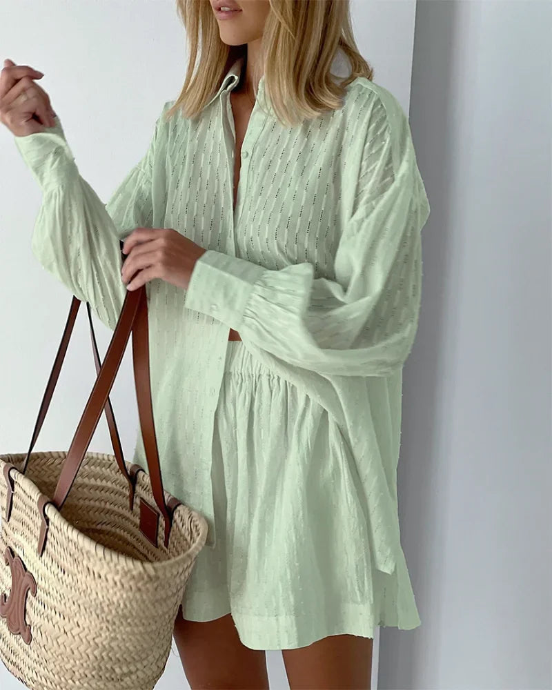 Women Jacquard Puff Sleeves Two Piece Sets for Summer Fashion Loose Shorts and Long Sleeved Shirt Outfits