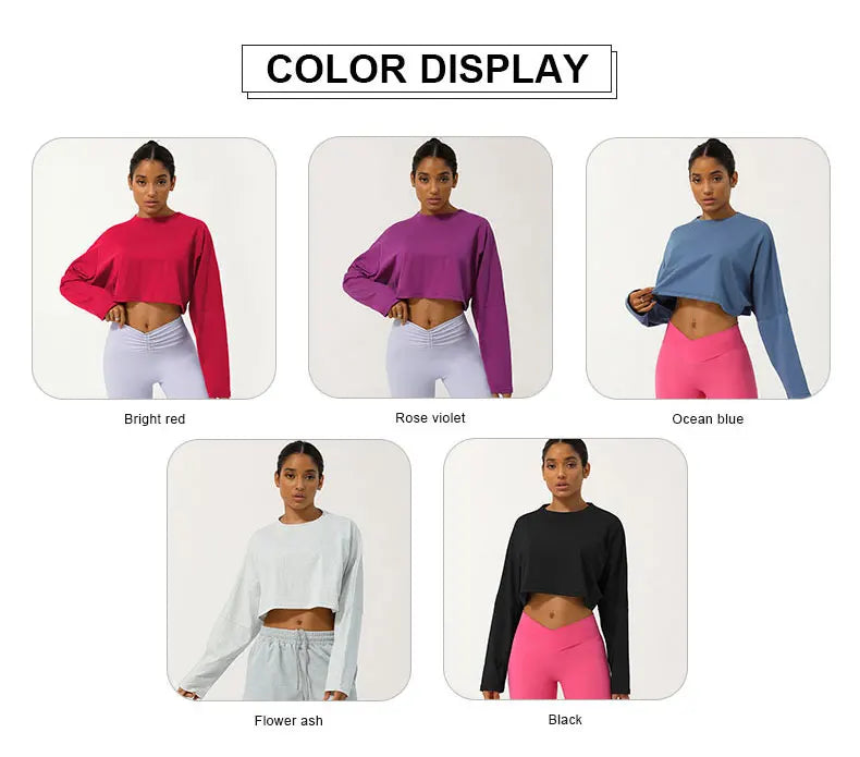 Women Long Sleeve Fitness Crop Top Soft Soild Color Workout T-Shirt Loose Running Yoga Shirt
