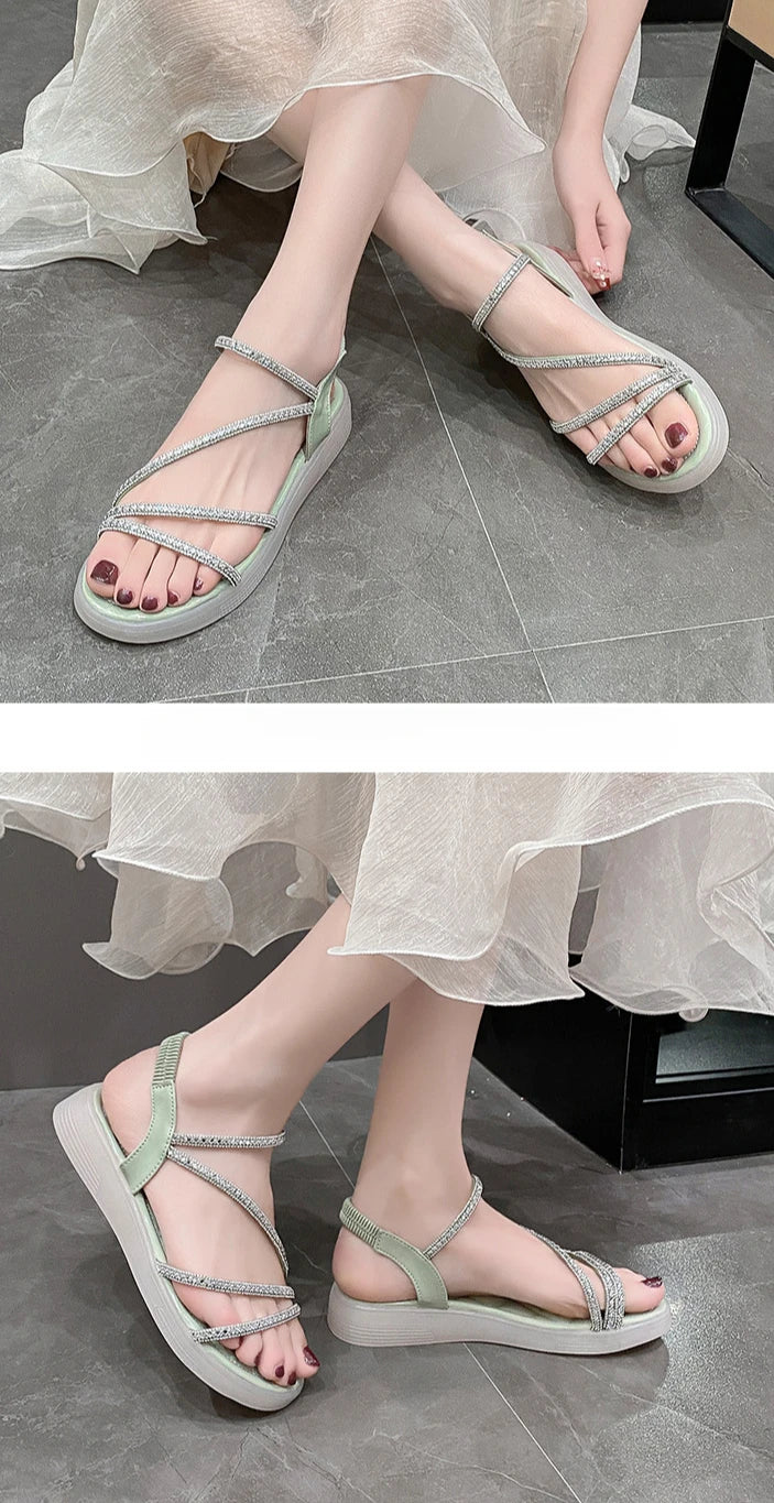 Flat-heeled Sandal Woman Rhinestone Comfortable Sandals for Women Summer New 2025 Without Heel Elegant Roman Fashion