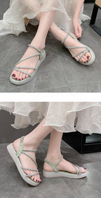 Flat-heeled Sandal Woman Rhinestone Comfortable Sandals for Women Summer New 2025 Without Heel Elegant Roman Fashion