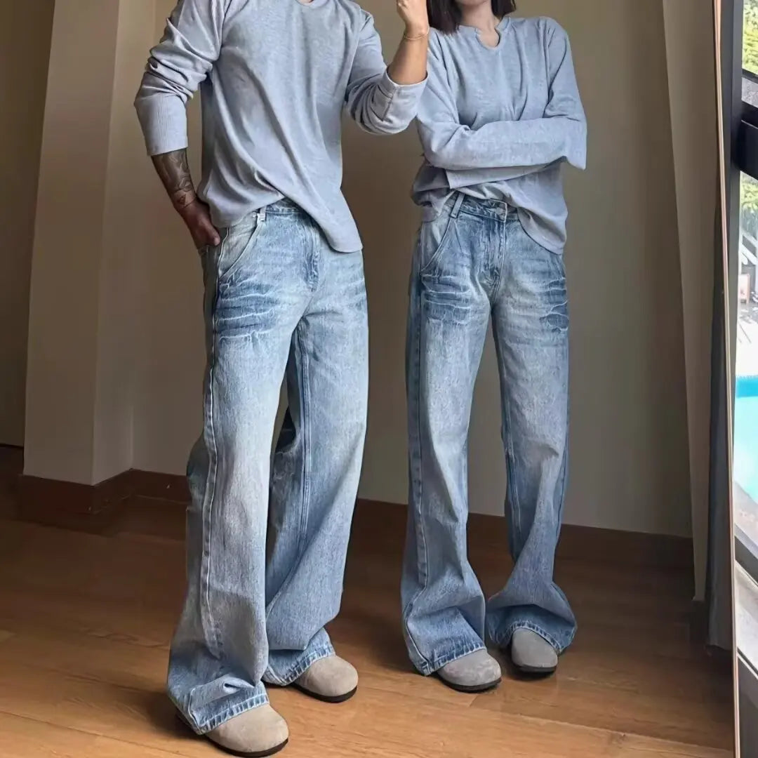 American Vibe style retro washed summer new jeans for men and women Instagram fashion brand high street loose straight leg pants