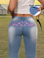 High - Waist Light Blue Flared Denim Jeans for Women - Stylish Pink Back Embroidery