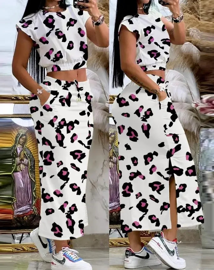 2025 Summer Two Piece Sets Women Outifit Fashion Print Colorblock O-Neck Short Sleeve Crop Top & Casual Striped Pocket Skirt Set