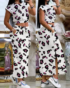 2025 Summer Two Piece Sets Women Outifit Fashion Print Colorblock O-Neck Short Sleeve Crop Top & Casual Striped Pocket Skirt Set