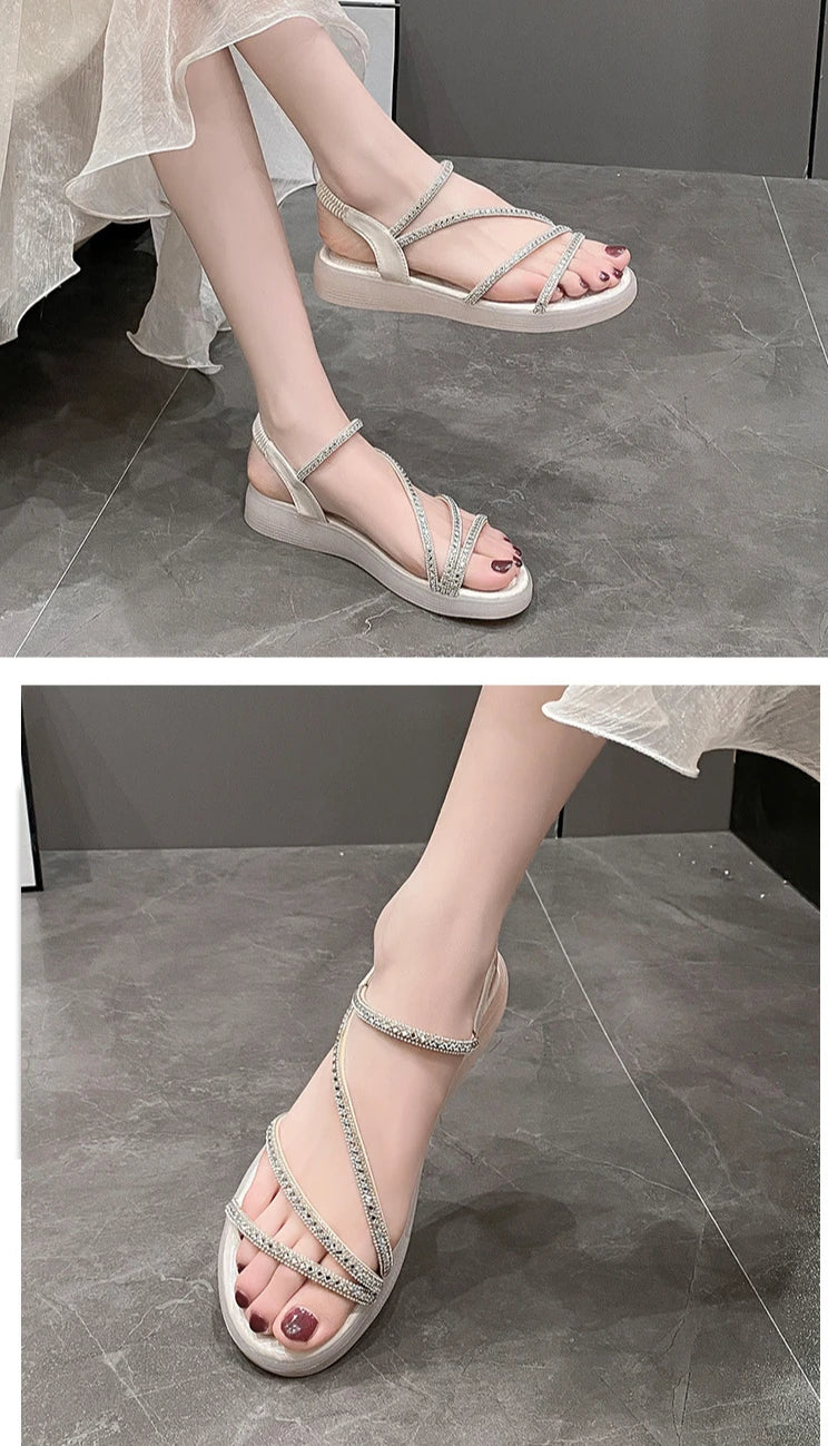 Flat-heeled Sandal Woman Rhinestone Comfortable Sandals for Women Summer New 2025 Without Heel Elegant Roman Fashion