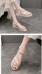 Flat-heeled Sandal Woman Rhinestone Comfortable Sandals for Women Summer New 2025 Without Heel Elegant Roman Fashion