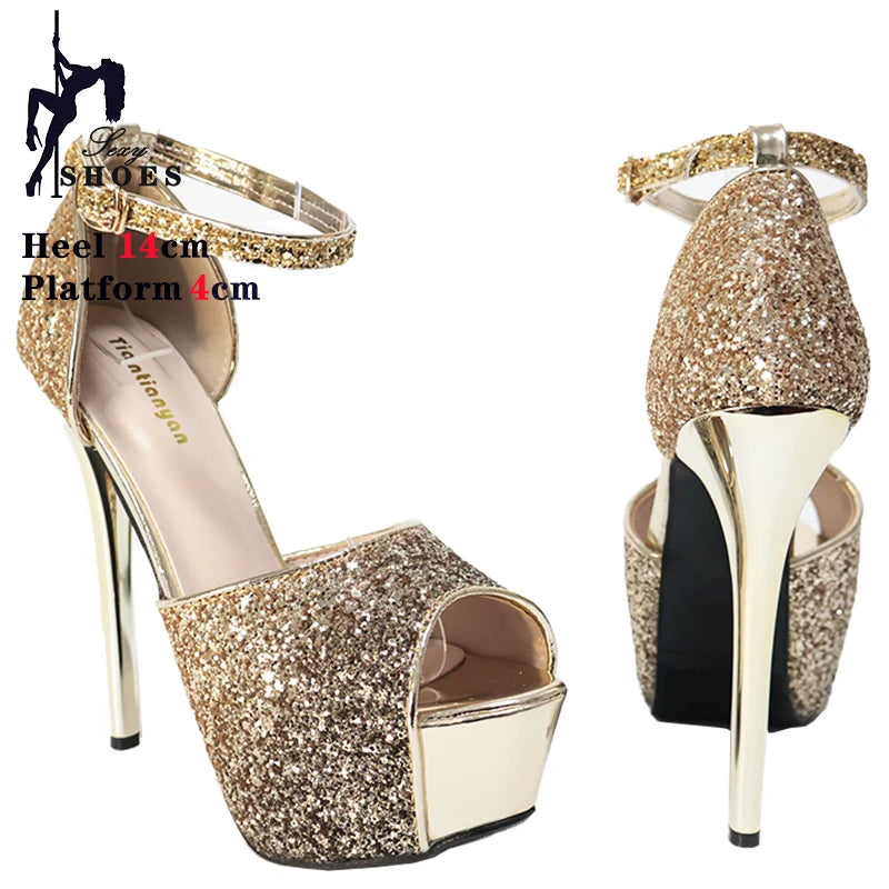 Sequined Cloth Glitter Platform Sandals for Woman Tacones  Summer Heels Sandals 14CM Colorful Peep Toe Pole Dance Shoes Stiletto