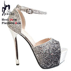 Sequined Cloth Glitter Platform Sandals for Woman Tacones  Summer Heels Sandals 14CM Colorful Peep Toe Pole Dance Shoes Stiletto