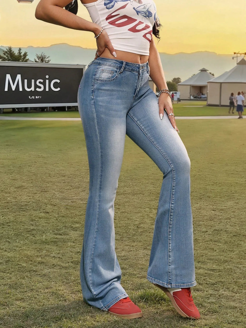 High - Waist Light Blue Flared Denim Jeans for Women - Stylish Pink Back Embroidery