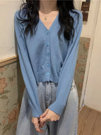 Sweater Knitted Cardigan Button Jacket 2025 Autumn Winter V-neck Long Sleeve Casual Short Tops For Women Sweater Grey White