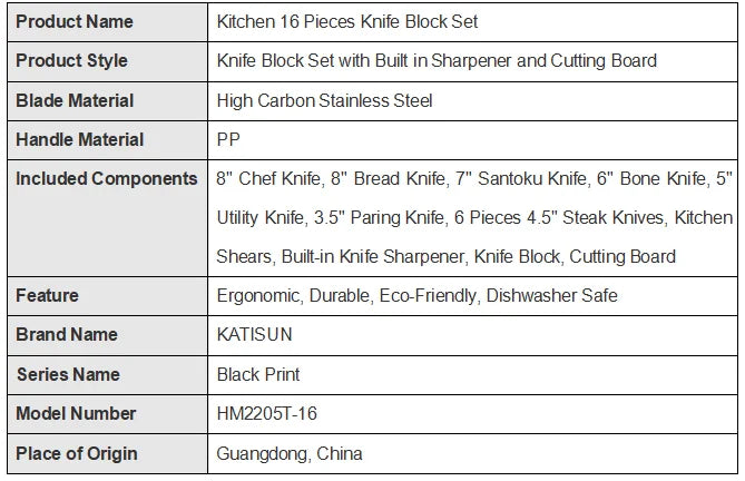 16 Pieces Carbon Steel Kitchen Knife Block Set with Cutting Board, Inner Sharpener, and 6 Steak Knives, Dishwasher Safe