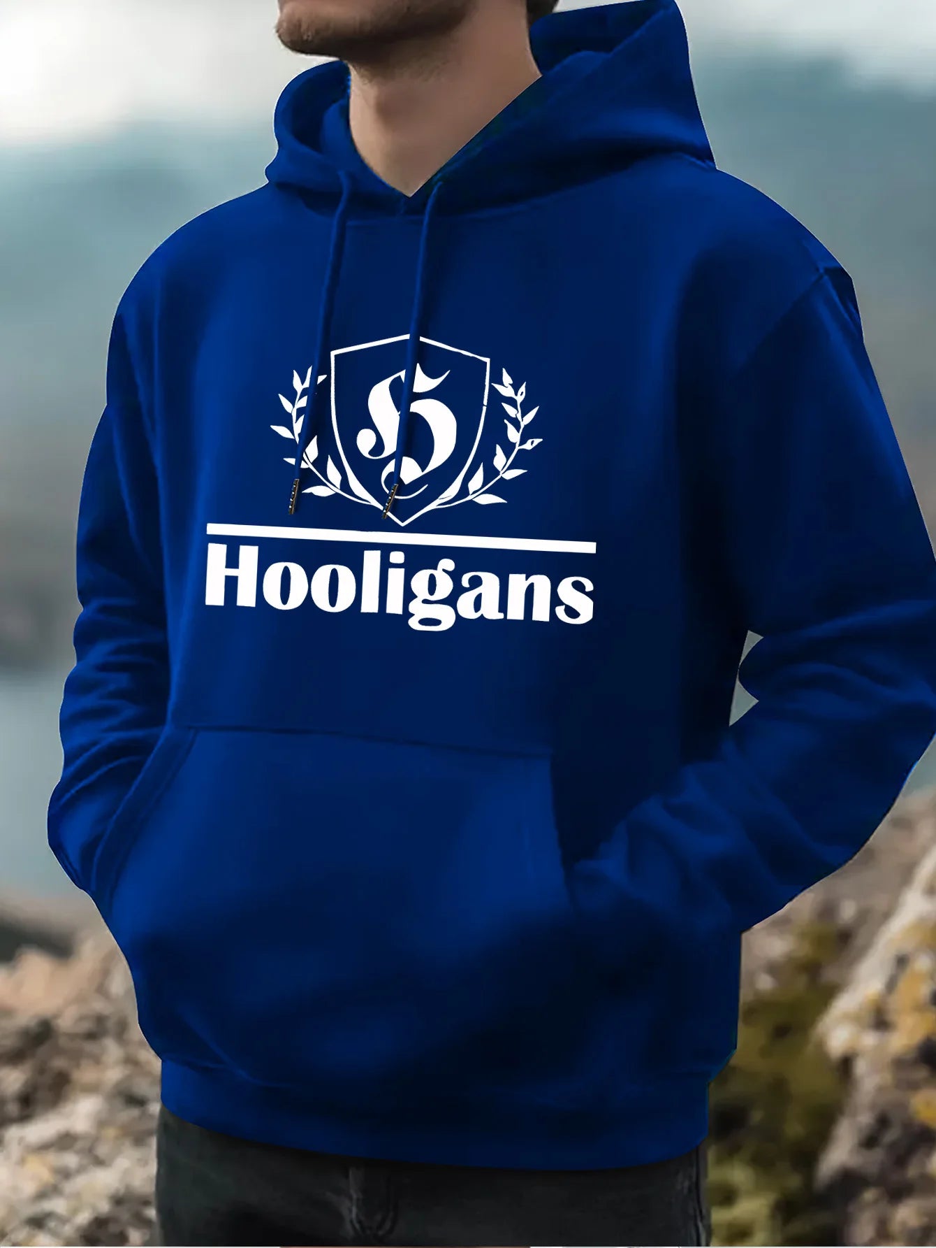 Men's Casual Hoodie HOOLIGANS Geometric Design Pullover for Fitness Training and Daily Wear Fashionable Street Style