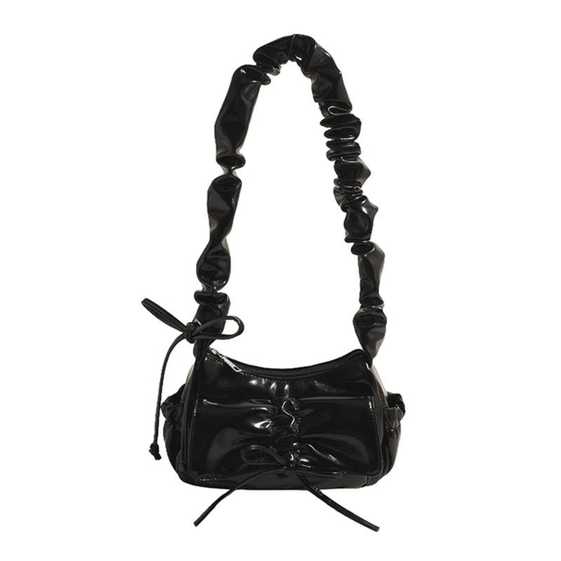 Stylish Casual Pleated Shoulder Bag with Novelty Bowknot PU Leather Handbag Purse for Female