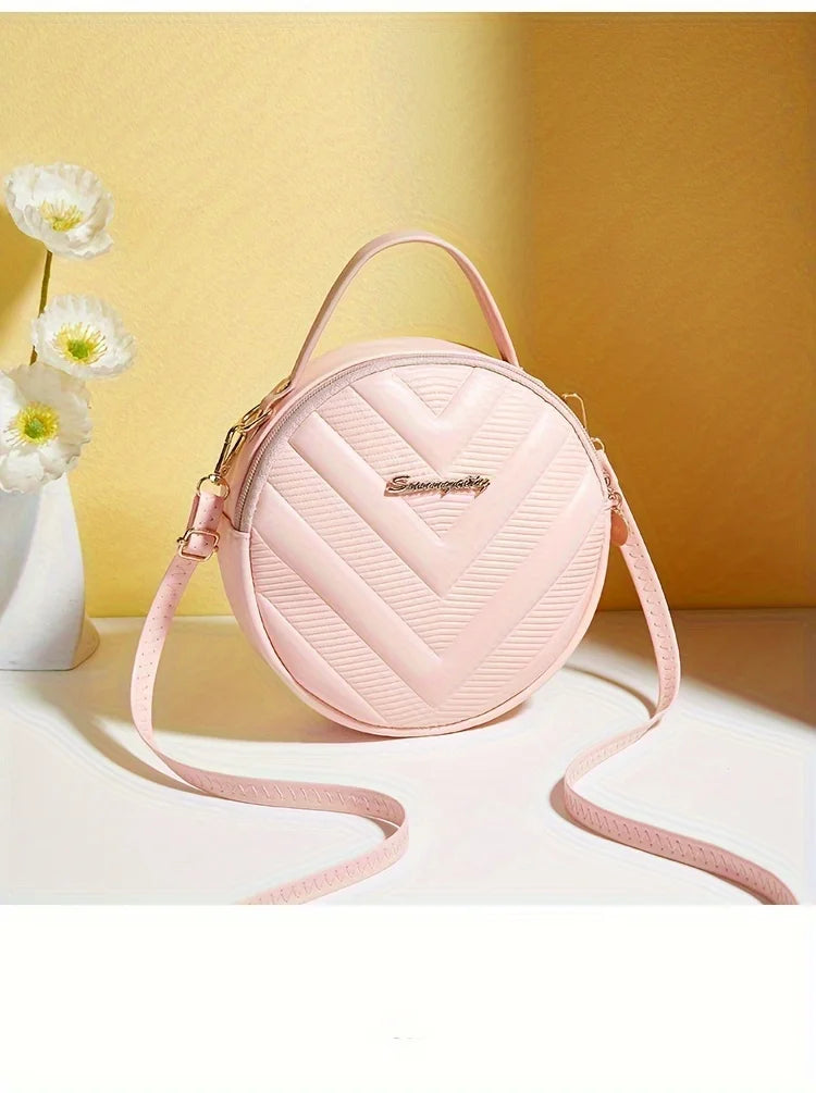 Chic Circle Crossbody Purse for Women - V-Quilted  Detachable Strap  Interior Pockets for Daily Use