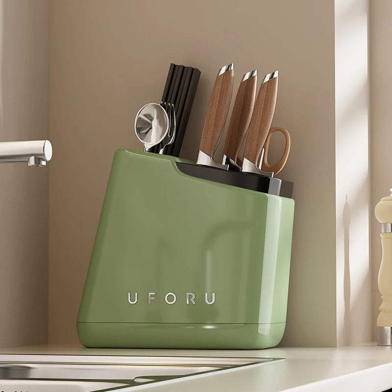 UFORU Multi-function knife rack kitchen knives tableware drain storage household trapezoidal integrated plastic storage rack