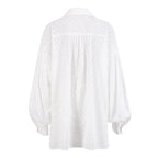 Women Jacquard Puff Sleeves Two Piece Sets for Summer Fashion Loose Shorts and Long Sleeved Shirt Outfits