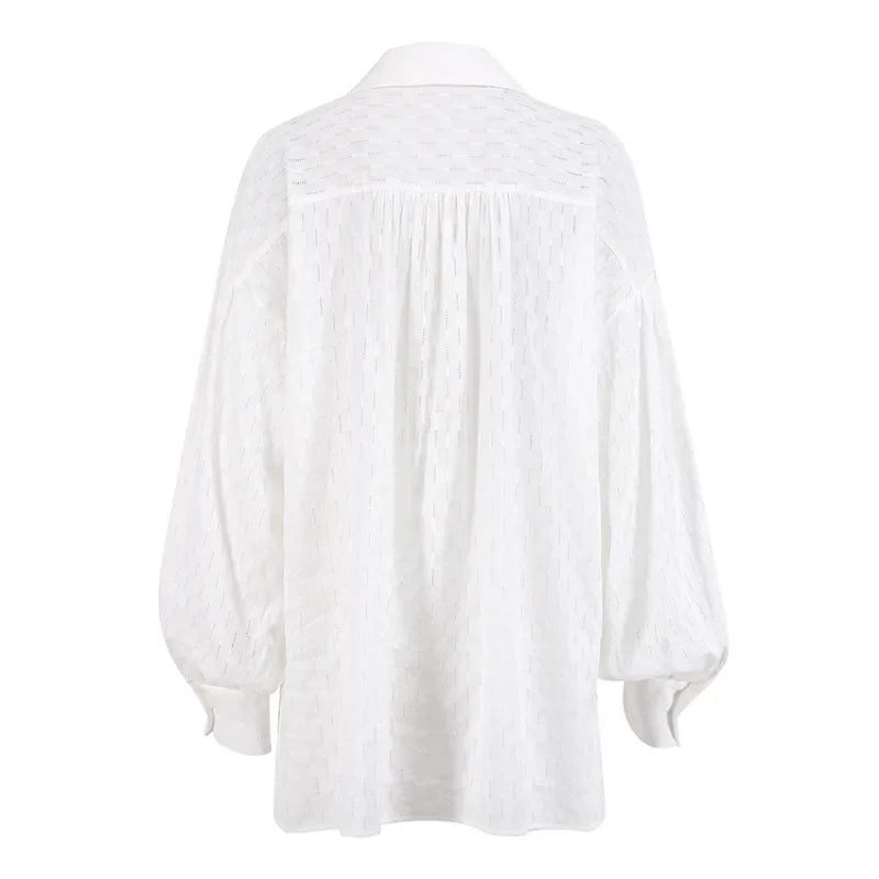 Women Jacquard Puff Sleeves Two Piece Sets for Summer Fashion Loose Shorts and Long Sleeved Shirt Outfits