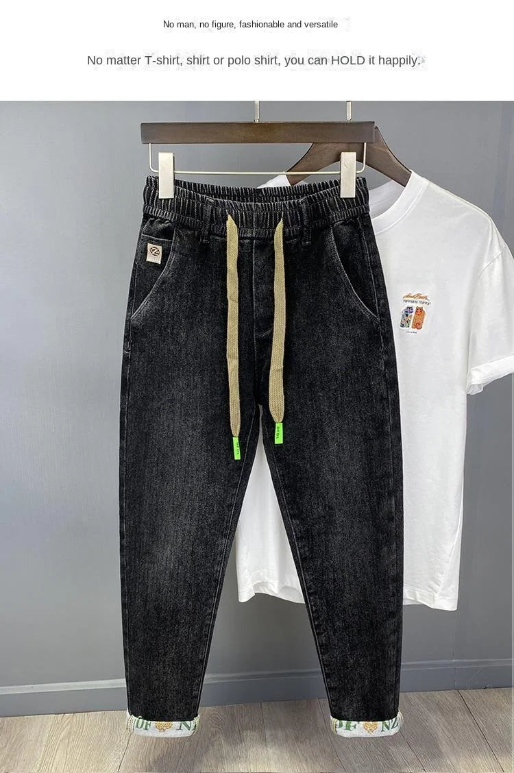 Harajuku Fashion Men's Printed Cargo Vintage Harem Pants Elastic Waistband Baggy Jeans for Casual Spring and Autumn Denim Pants
