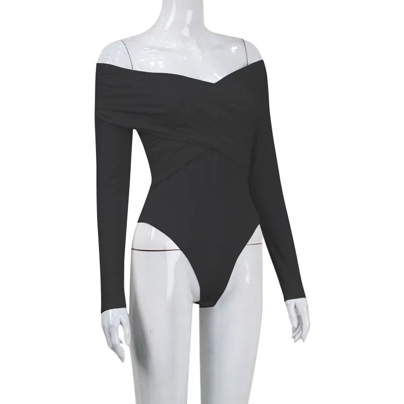 Red Sexy Off Shoulder Women's Bodysuits Fashion Crossed Folds Skinny Rompers Long Sleeve Fashion Streetwear Autumn Bodysuits New