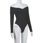 Red Sexy Off Shoulder Women's Bodysuits Fashion Crossed Folds Skinny Rompers Long Sleeve Fashion Streetwear Autumn Bodysuits New