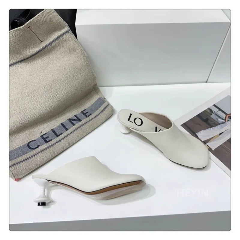 Square Toe Elegant Women Slippers Fad Mid Heels Leather Sandals Mule Shoes Trend Spring Designer Dress Femme Chaussures