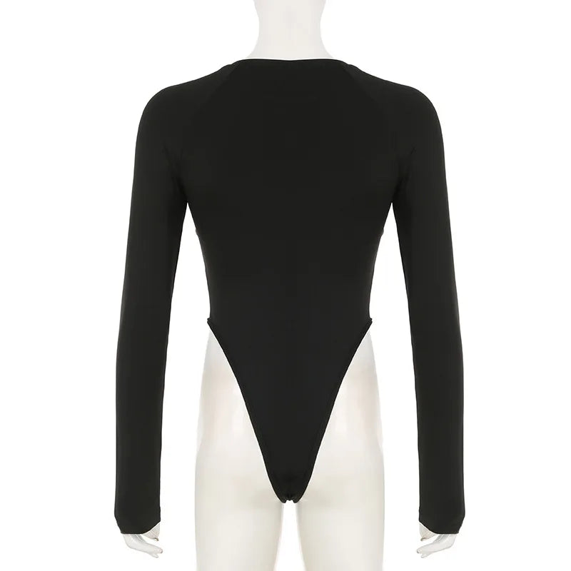 NEW Sexy Women Concise Bodysuits Basic Cut-out Solid Rompers O-neck Long Sleeve Overall All-match Casual Bodysuits Autumn Outfit