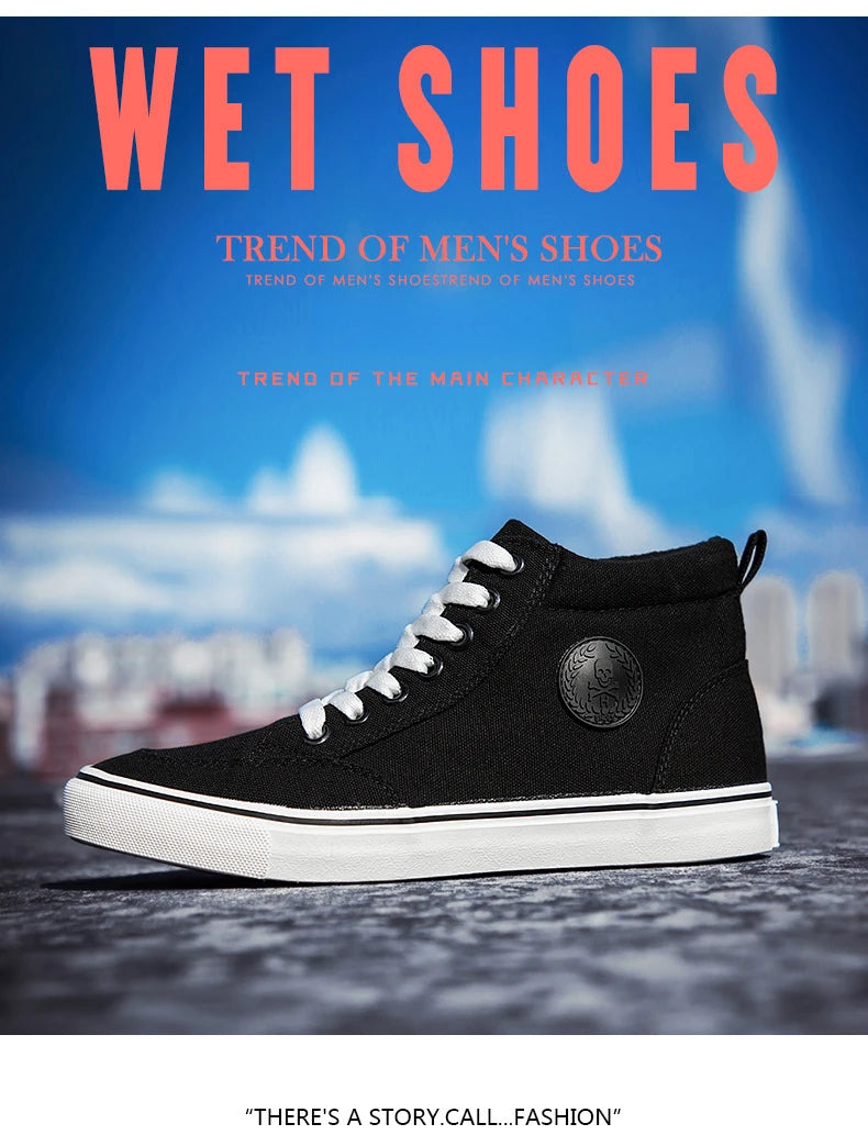 Men's High-Top Canvas Sneakers Slip-On Lace-Up Casual All-Black Basic Skate Shoes for Students Flat Sole Comfortable Sport Shoes