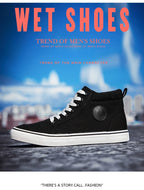 Men's High-Top Canvas Sneakers Slip-On Lace-Up Casual All-Black Basic Skate Shoes for Students Flat Sole Comfortable Sport Shoes