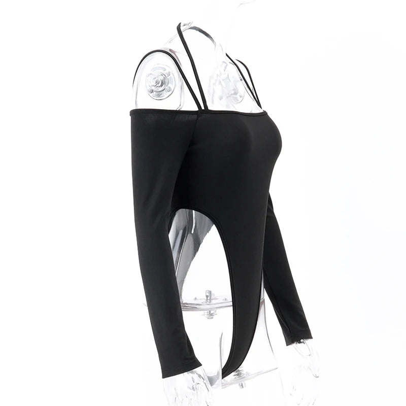 WhereMery Sexy Women's Off-Shoulder Halter Bodysuit Casual Spaghetti Straps Long Sleeve Slim T-Shirt for Party Clubwear Vestidos