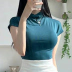 Female Streetwear Basics Versatile Tops Women Sexy Turtleneck Short Sleeve T-Shirts Solid Slim Fit Summer Causal Tees Shirts