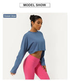 Women Long Sleeve Fitness Crop Top Soft Soild Color Workout T-Shirt Loose Running Yoga Shirt