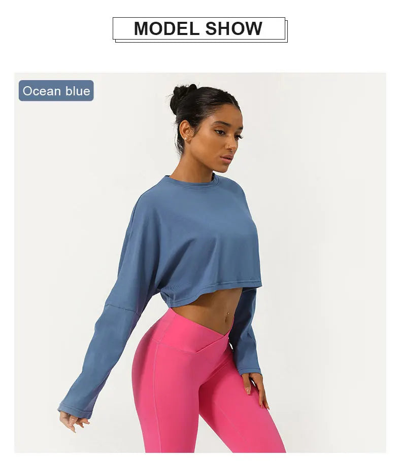 Women Long Sleeve Fitness Crop Top Soft Soild Color Workout T-Shirt Loose Running Yoga Shirt