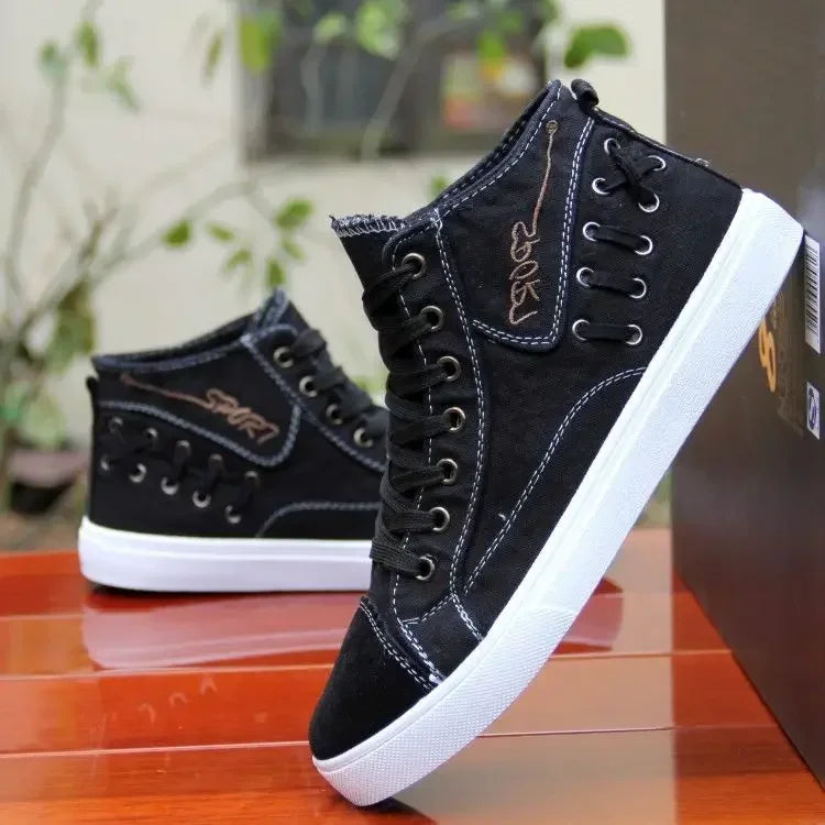 Men's Canvas Shoes Flat High-top Vulcanized Shoes Men's Sneakers Men's Black Casual Canvas Shoes Men's Shoes Sneakers