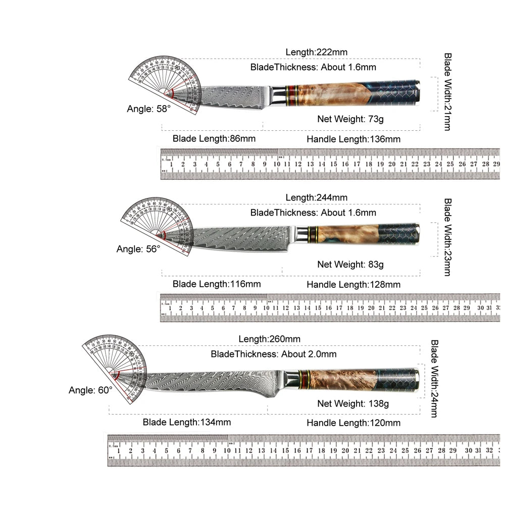 Kitchen Knives-Set Damascus Steel Chef Knife Cleaver Paring Utility Bread Knife Cooking Tool Blue Resin Handle 1-10 Pcs/Set