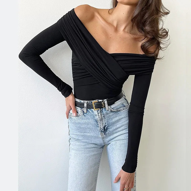 Red Sexy Off Shoulder Women's Bodysuits Fashion Crossed Folds Skinny Rompers Long Sleeve Fashion Streetwear Autumn Bodysuits New