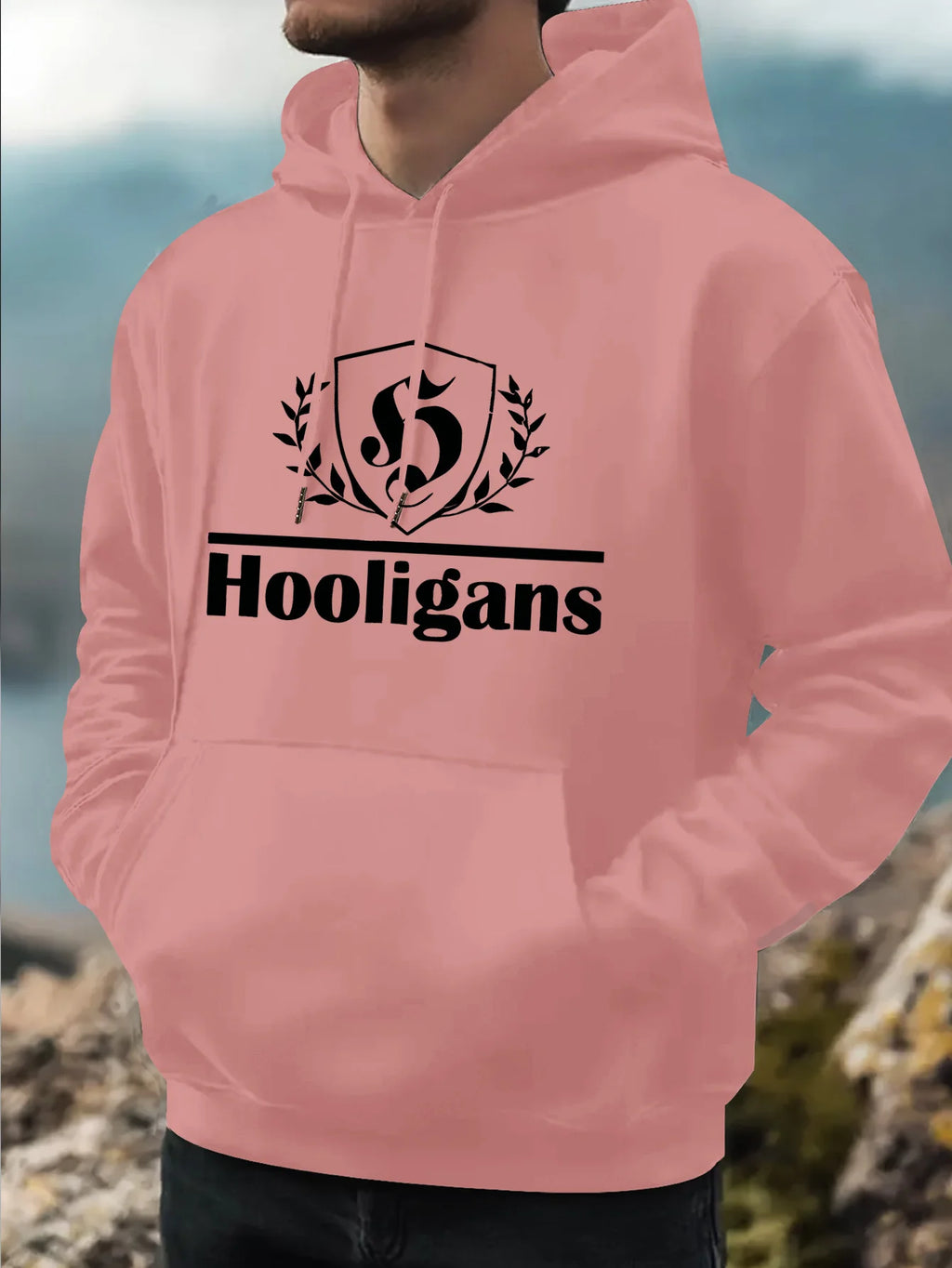 Men's Casual Hoodie HOOLIGANS Geometric Design Pullover for Fitness Training and Daily Wear Fashionable Street Style