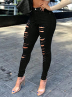 Women Slim-Fit Black Ripped Jeans with Button Zipper Pockets - Casual Fashion Solid Color Denim Pants