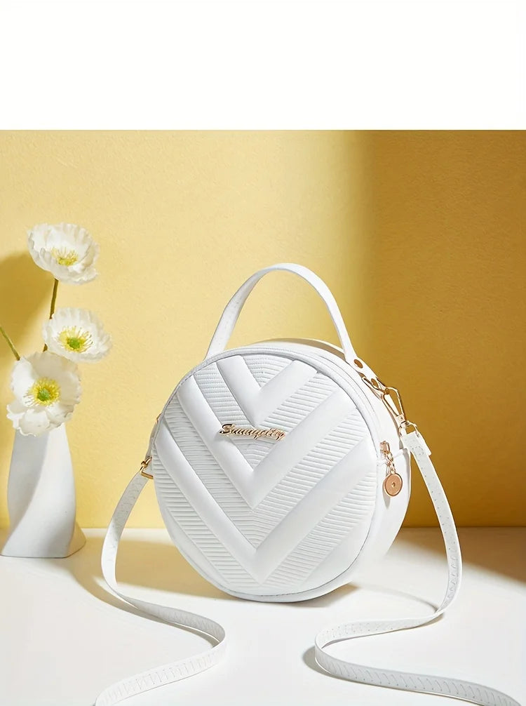 Chic Circle Crossbody Purse for Women - V-Quilted  Detachable Strap  Interior Pockets for Daily Use
