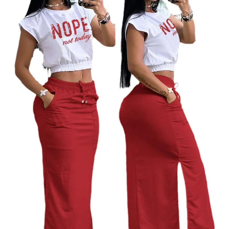 2025 Summer Two Piece Sets Women Outifit Fashion Print Colorblock O-Neck Short Sleeve Crop Top & Casual Striped Pocket Skirt Set