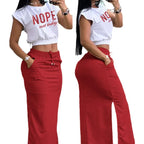 2025 Summer Two Piece Sets Women Outifit Fashion Print Colorblock O-Neck Short Sleeve Crop Top & Casual Striped Pocket Skirt Set