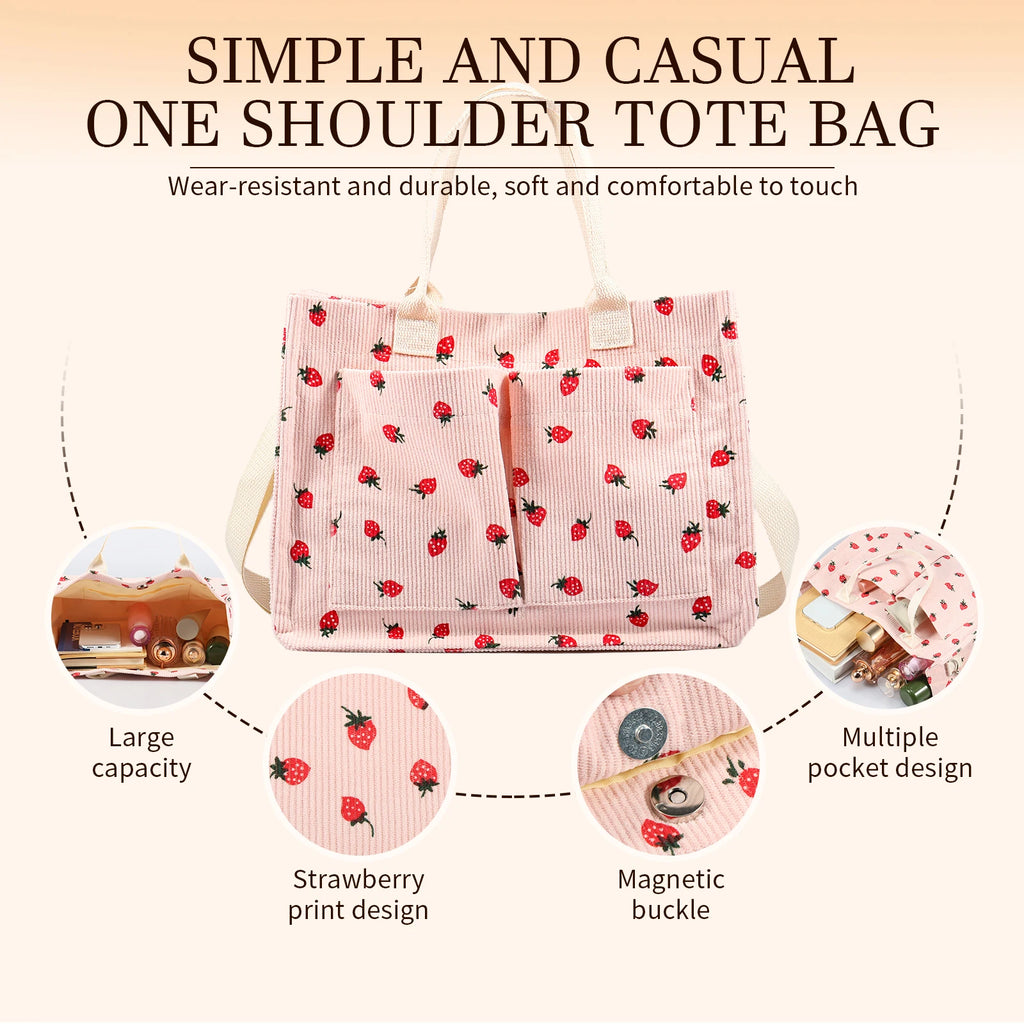 Tote Bag Cute Strawberry Patched Purse for Women Fabric Large Capacity Tote Purse Enduring Tote Bag with Adjustable Shoulder