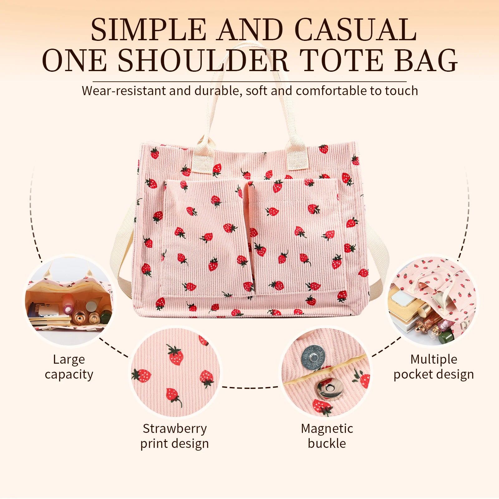Tote Bag Cute Strawberry Patched Purse for Women Fabric Large Capacity Tote Purse Enduring Tote Bag with Adjustable Shoulder
