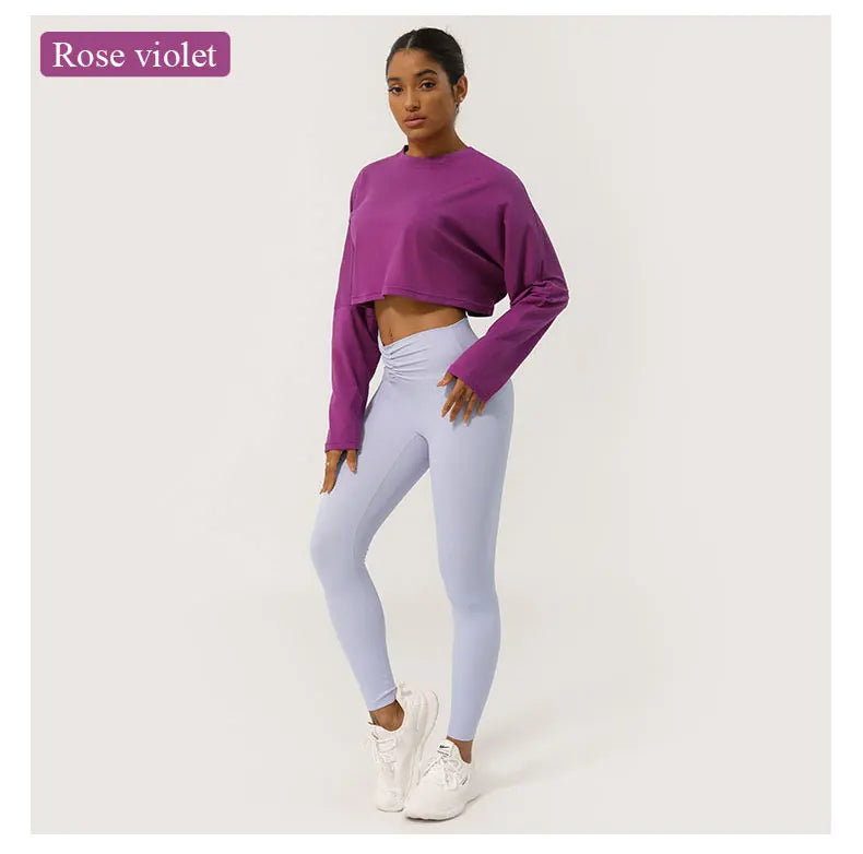 Women Long Sleeve Fitness Crop Top Soft Soild Color Workout T-Shirt Loose Running Yoga Shirt