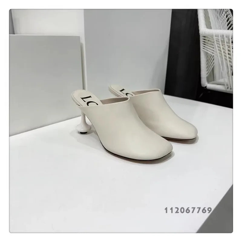 Square Toe Elegant Women Slippers Fad Mid Heels Leather Sandals Mule Shoes Trend Spring Designer Dress Femme Chaussures