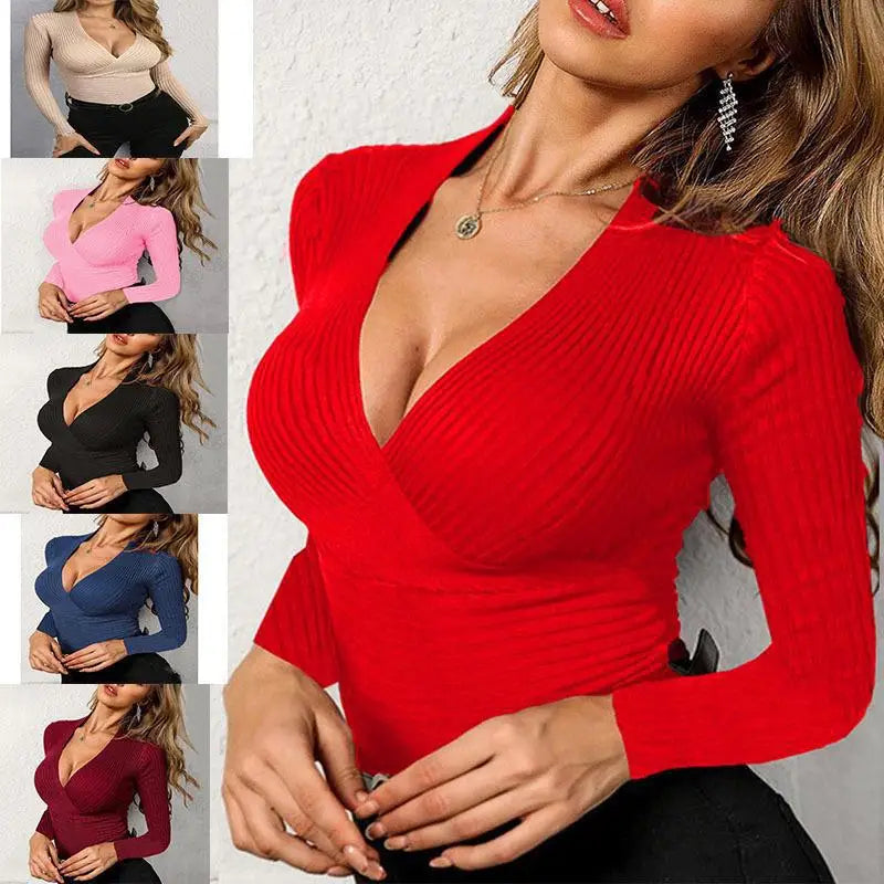 Women's solid color temperament elegant knitted intellectual commuter wind Slim thin long sexy hot girl sleeve top V-neck T-shir