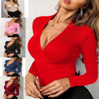 Women's solid color temperament elegant knitted intellectual commuter wind Slim thin long sexy hot girl sleeve top V-neck T-shir
