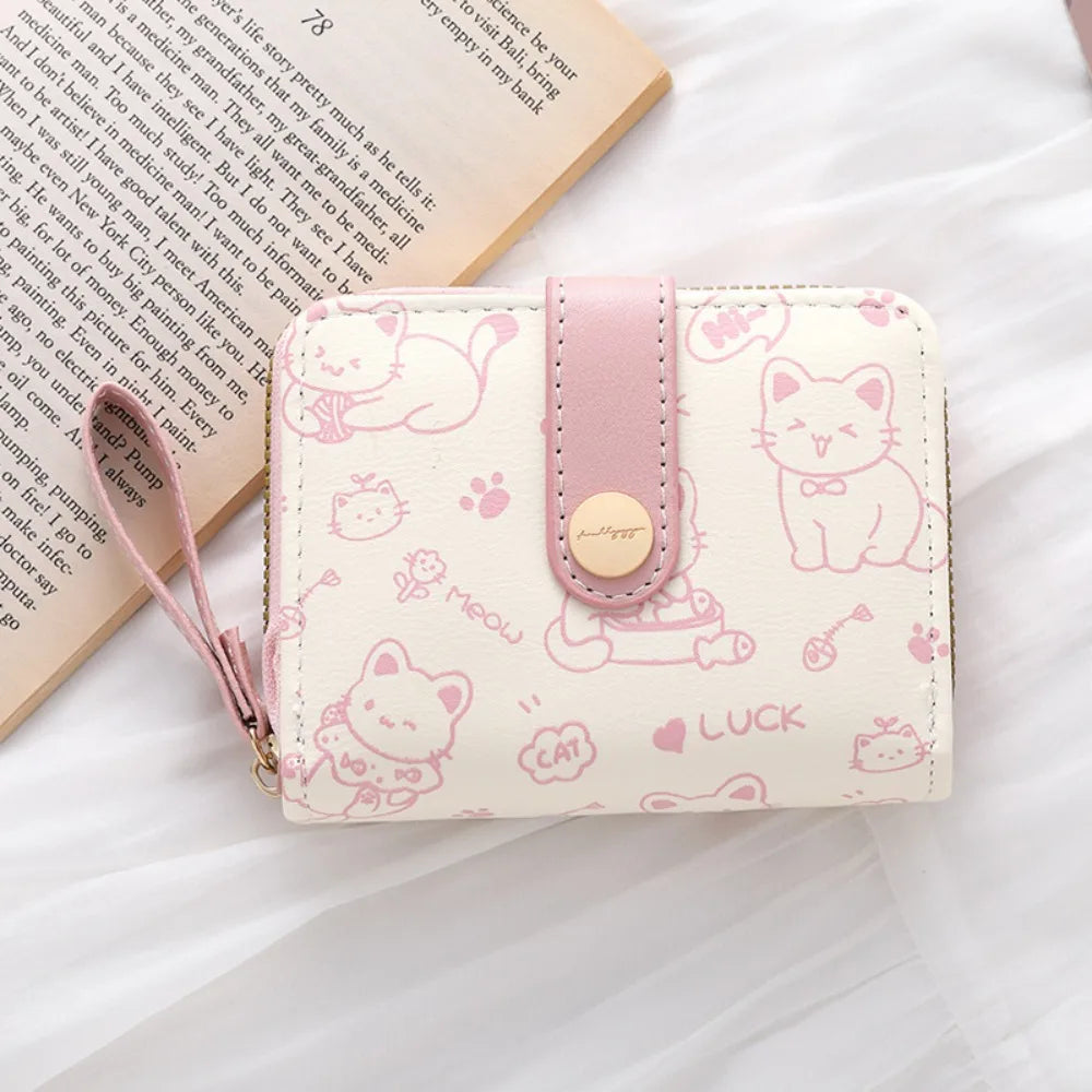 Cute Cat Coin Purse Women Fashion Short Wallet PU Leather Large Capacity Wallet Lightweight ID Card Holder Travel Cash Coin Bag