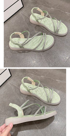 Flat-heeled Sandal Woman Rhinestone Comfortable Sandals for Women Summer New 2025 Without Heel Elegant Roman Fashion