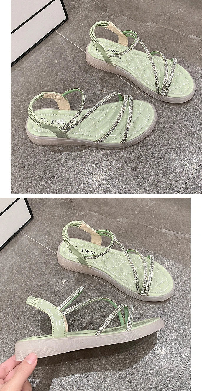 Flat-heeled Sandal Woman Rhinestone Comfortable Sandals for Women Summer New 2025 Without Heel Elegant Roman Fashion